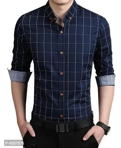 Navy Blue Cotton Checked Casual Shirts For Men