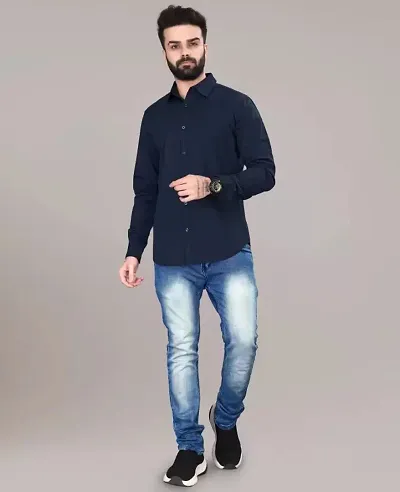 Men Slim Fit Solid Spread Collar Full Sleeve Casual Shirt
