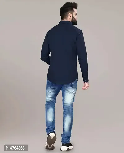 Men's NavyBlue Cotton Solid Long Sleeves Regular Fit Casual Shirt-thumb3