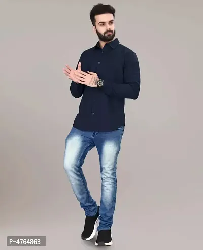Men's NavyBlue Cotton Solid Long Sleeves Regular Fit Casual Shirt-thumb4