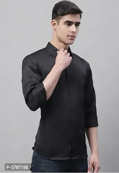 Men's Black Cotton Solid Long Sleeves Regular Fit Casual Shirt-thumb4