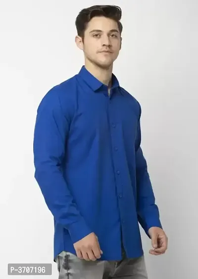Men's Blue Cotton Solid Long Sleeves Regular Fit Casual Shirt-thumb5