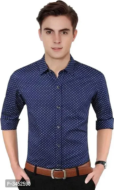 Men's Navy Blue Cotton Printed Long Sleeves Regular Fit Casual Shirt-thumb3