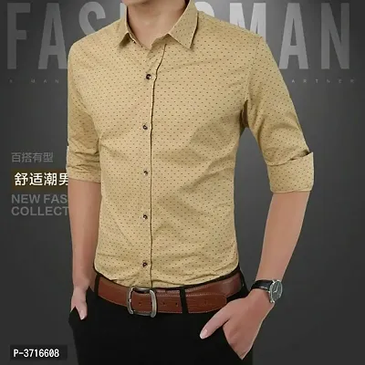 Men's Beige Cotton Printed Long Sleeves Regular Fit Casual Shirt