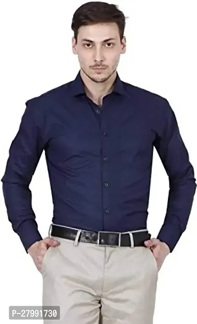 Classic Navy Blue Cotton Long Sleeves Solid Formal Shirt For Men