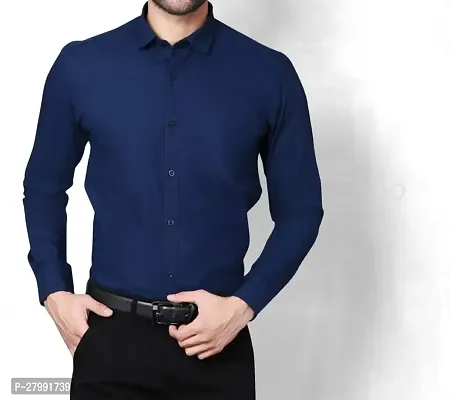 Classic Navy Blue Cotton Long Sleeves Solid Formal Shirt For Men-thumb0