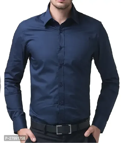 Classic Navy Blue Cotton Long Sleeves Solid Formal Shirt For Men-thumb0