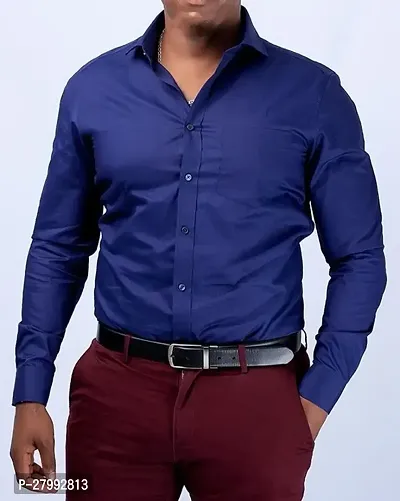 Classic Blue Cotton Long Sleeves Solid Formal Shirt For Men