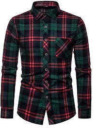 Stylish Green Cotton Checked Casual Shirt For Men-thumb3