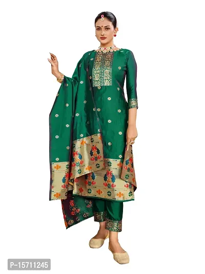 Elegant Green Taffeta Silk  Dress Material with Dupatta For Women-thumb0