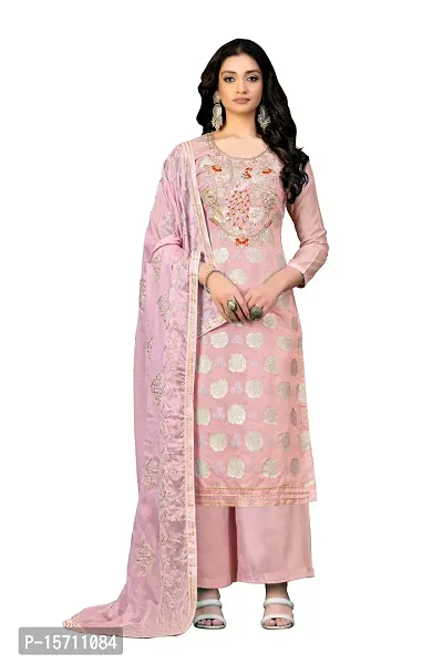 Elegant Peach Banarasi Jacquard Embroidered Dress Material with Dupatta For Women