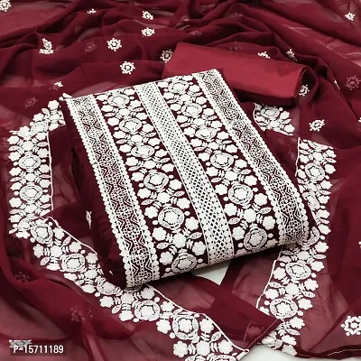 Elegant Maroon Georgette Embroidered Dress Material with Dupatta For Women