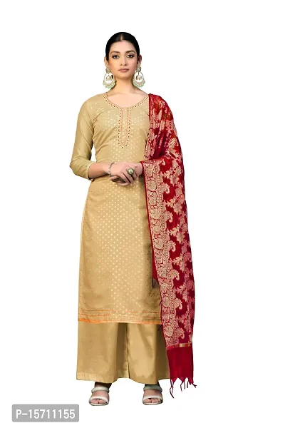 Elegant Beige Banarasi Jacquard  Dress Material with Dupatta For Women