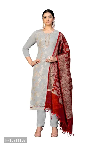 Elegant Grey Banarasi Jacquard  Dress Material with Dupatta For Women