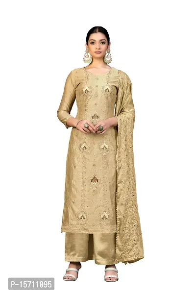 Elegant Beige Modal Chanderi Embroidered Dress Material with Dupatta For Women