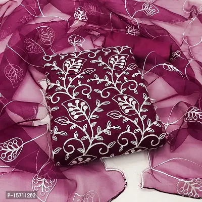 Elegant Magenta Organza Embroidered Dress Material with Dupatta For Women