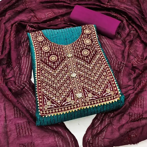 Elegant Chanderi Cotton Embroidered Unsticthed Dress Material with Dupatta