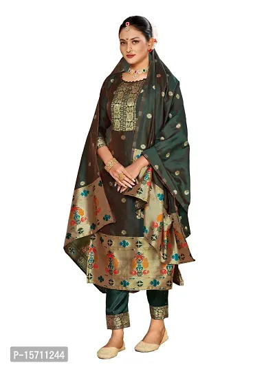 Elegant Green Taffeta Silk  Dress Material with Dupatta For Women