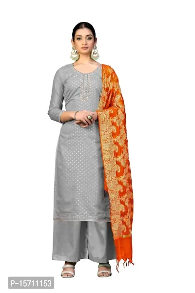 Elegant Grey Banarasi Jacquard  Dress Material with Dupatta For Women-thumb0