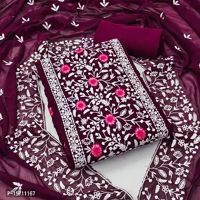 Elegant Magenta Georgette Embroidered Dress Material with Dupatta For Women