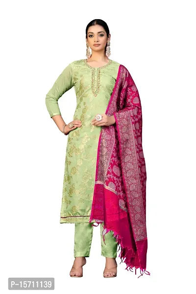 Elegant Green Banarasi Jacquard  Dress Material with Dupatta For Women