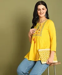 Stylish Yellow Rayon Embroidered Flare Style Short Kurti for Women-thumb2