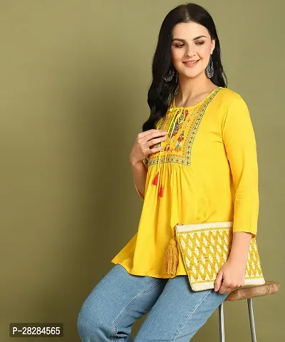 Stylish Yellow Rayon Embroidered Flare Style Short Kurti for Women-thumb3