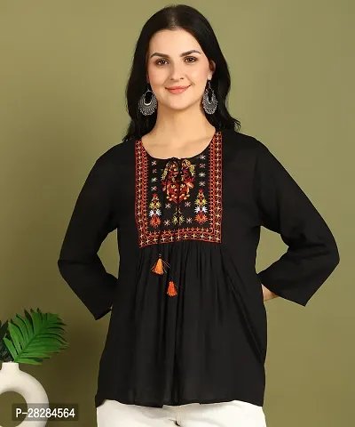 Stylish Black Rayon Embroidered Flare Style Short Kurti for Women-thumb0