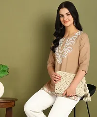 Stylish Beige Cotton Embroidered Straight Short Kurti for Women-thumb1