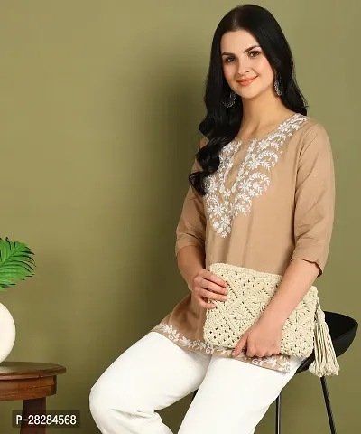 Stylish Beige Cotton Embroidered Straight Short Kurti for Women-thumb2