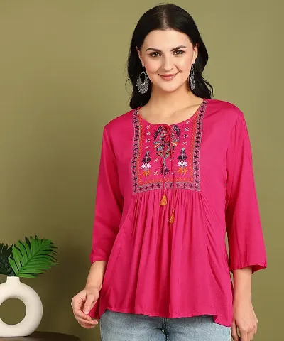 Stylish Rayon Embroidered Flare Style Short Kurti for Women