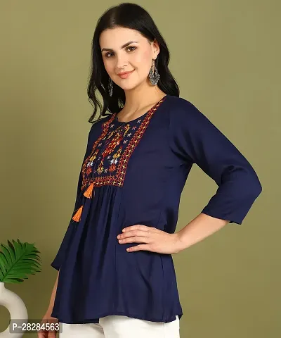 Stylish Blue Rayon Embroidered Flare Style Short Kurti for Women-thumb5