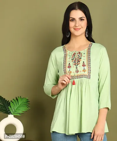 Stylish Green Rayon Embroidered Flare Style Short Kurti for Women