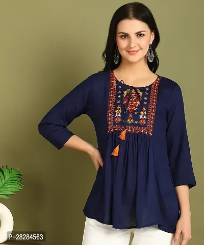 Stylish Blue Rayon Embroidered Flare Style Short Kurti for Women