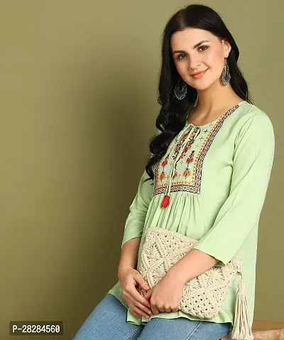 Stylish Green Rayon Embroidered Flare Style Short Kurti for Women-thumb3