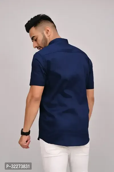 Reliable Navy Blue Cotton Blend Solid Casual Shirt For Men-thumb2