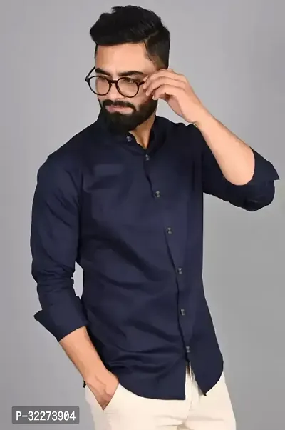 Reliable Navy Blue Cotton Blend Solid Casual Shirt For Men-thumb0