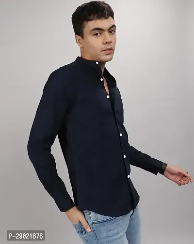 Stylish Navy Blue Cotton Blend Solid Casual Shirt For Men-thumb0