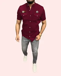 Elegant Cotton Blend Self Pattern Short Sleeves Casual Shirts For Men-thumb3