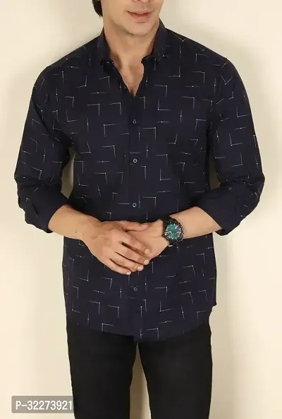 Reliable Navy Blue Cotton Blend Printed Casual Shirt For Men-thumb2