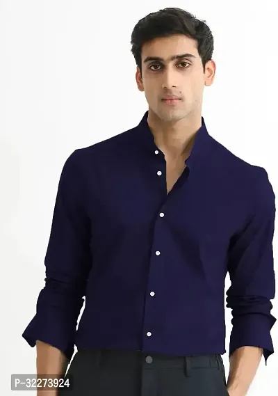 Reliable Navy Blue Cotton Blend Solid Casual Shirt For Men-thumb0