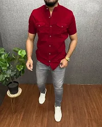 Elegant Cotton Blend Solid Short Sleeves Casual Shirts For Men-thumb2