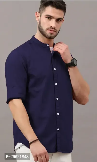 Stylish Navy Blue Cotton Blend Solid Casual Shirt For Men-thumb3