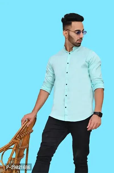 Stylish Turquoise Cotton Blend Solid Casual Shirt For Men-thumb3