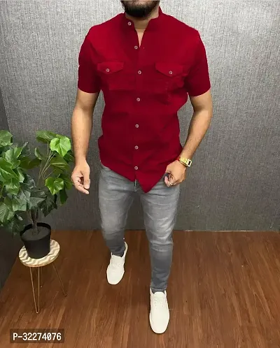 Reliable Red Cotton Blend Solid Casual Shirt For Men-thumb3