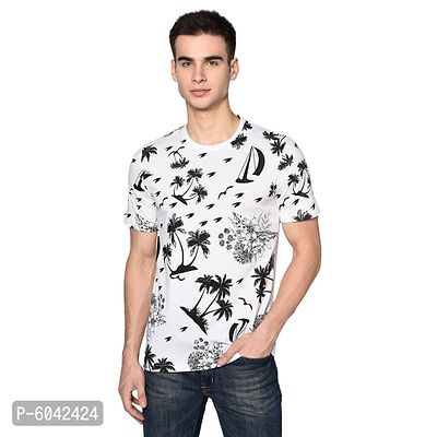 Oakmans Stylish White Cotton Blend Printed T-Shirt For Men