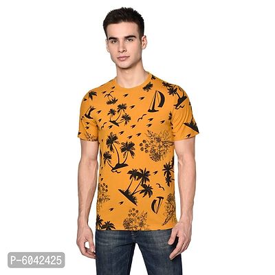 Oakmans Stylish Yellow Cotton Blend Printed T-Shirt For Men
