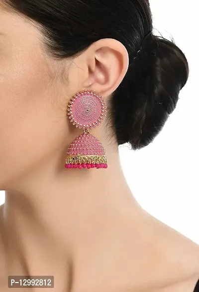 Hivata Jhumki Pearl Studded Earring for Women & Girls in Jewelry Fashion Jhumka in Hanging Hoop Earring in Pink Color-thumb3