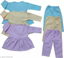 Pretty Girls Stylish and beautiful Frock With Pajamis ( Easy Wear Soft Fabric newborn to 6 months ) Assorted Colours Pack of 3 Frock-thumb1
