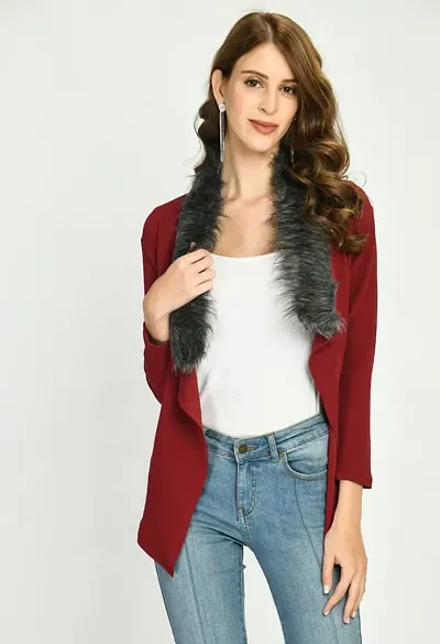 Stylish Fancy Jacket Style Full Sleeve Front Open Neck Regular Fit Shrug For Women